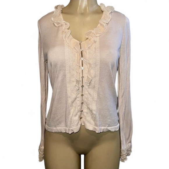 August Silk Blush Pink Ruffle Trim Silk-Cotton Button-Down Blouse Petite Large - Picture 1 of 14